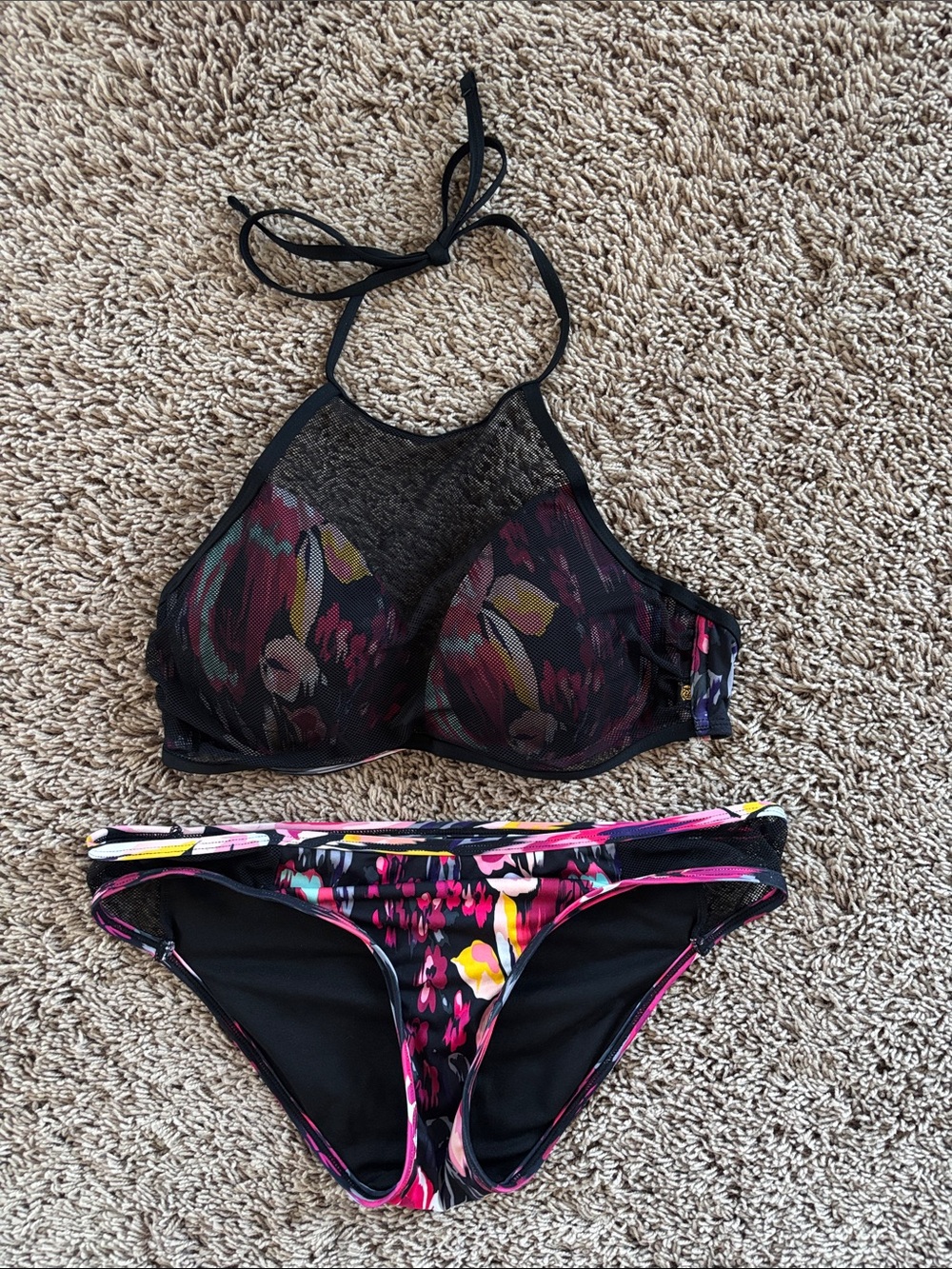 La Vie En Rose Black Mesh High-Neck Bikini with Multicolor Floral Print